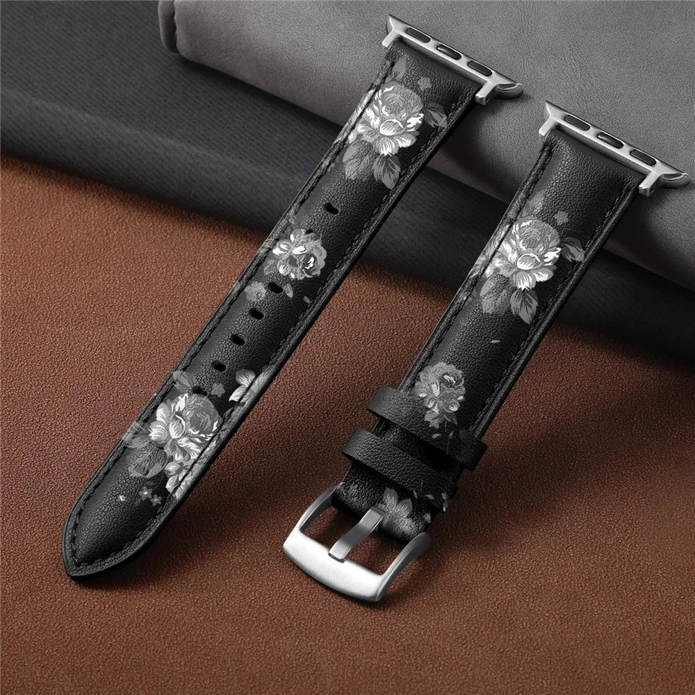 Leather Band For Apple Watch Series 11 10 42mm / 9 8 7 41mm / SE3 SE2 SE 6 5 4 40mm / 3 2 1 38mm Pointed Tail Strap Silver Buckle - Black / Grey Flowers - 5