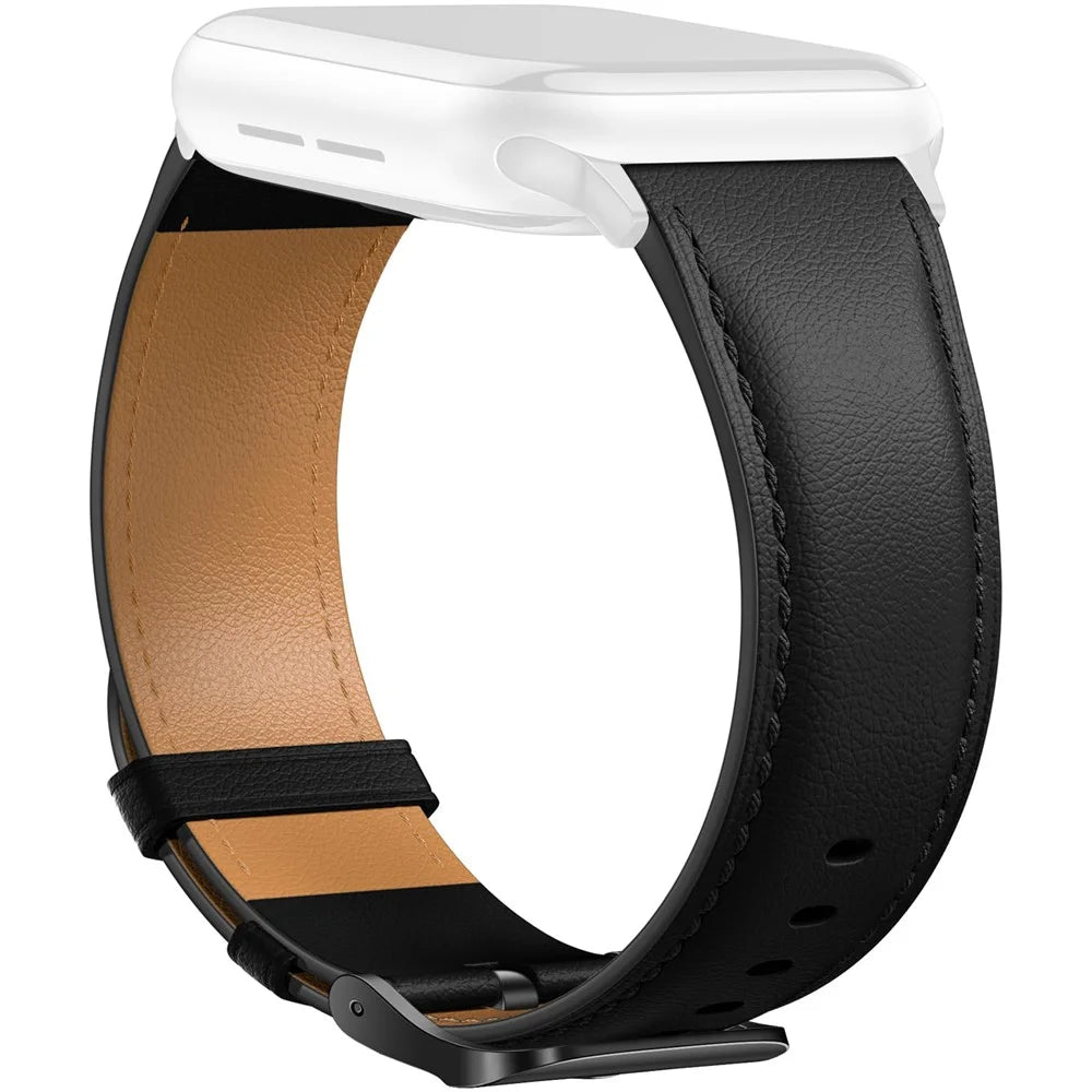 Leather Band For Apple Watch Ultra 3 2 1 49mm / Series 11 10 46mm / 9 8 7 45mm / SE3 SE2 SE 6 5 4 44mm / 3 2 1 42mm Pointed Tail Strap Electroplated Buckle - Black / Black - 1