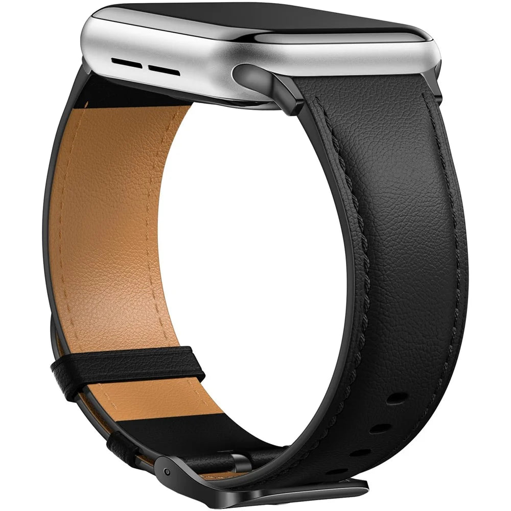 Leather Band For Apple Watch Ultra 3 2 1 49mm / Series 11 10 46mm / 9 8 7 45mm / SE3 SE2 SE 6 5 4 44mm / 3 2 1 42mm Pointed Tail Strap Electroplated Buckle - Black / Black - 2
