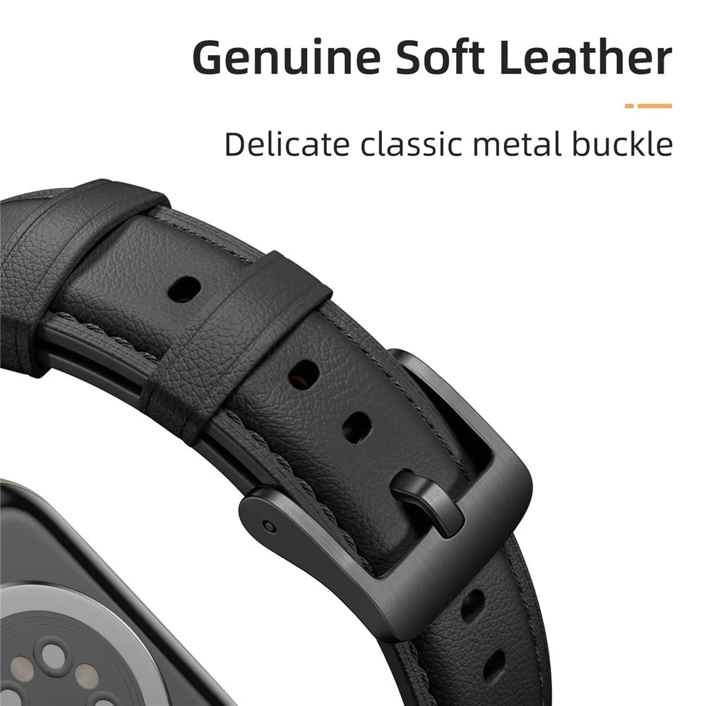 Leather Band For Apple Watch Ultra 3 2 1 49mm / Series 11 10 46mm / 9 8 7 45mm / SE3 SE2 SE 6 5 4 44mm / 3 2 1 42mm Pointed Tail Strap Electroplated Buckle - Black / Black - 3