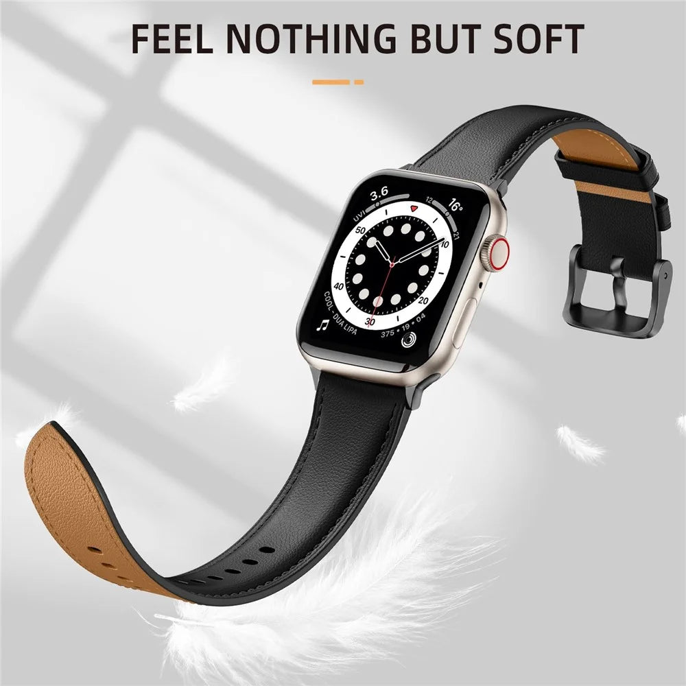 Leather Band For Apple Watch Ultra 3 2 1 49mm / Series 11 10 46mm / 9 8 7 45mm / SE3 SE2 SE 6 5 4 44mm / 3 2 1 42mm Pointed Tail Strap Electroplated Buckle - Black / Black - 4