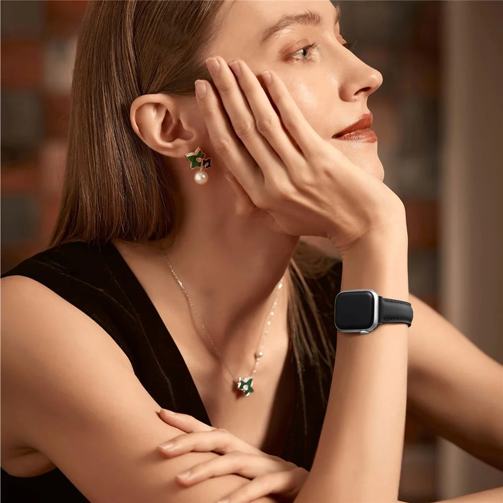 Leather Band For Apple Watch Ultra 3 2 1 49mm / Series 11 10 46mm / 9 8 7 45mm / SE3 SE2 SE 6 5 4 44mm / 3 2 1 42mm Pointed Tail Strap Electroplated Buckle - Black / Black - 7