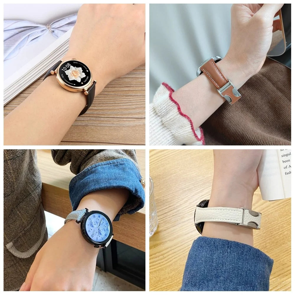 20mm Genuine Cow Leather Strap for Samsung Galaxy Watch7 44mm / 40mm / Huawei Watch GT 3 42mm Flat Texture Magnetic Watch Band - Black - 5