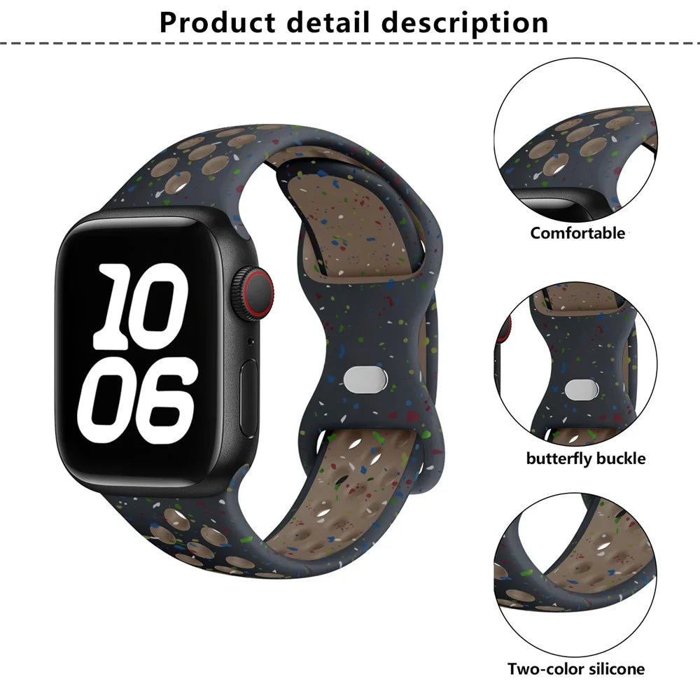 KALEBOL Color Dots Silicone Strap for Apple Watch Series 11 10 42mm / 9 8 7 41mm / SE3 SE2 SE 6 5 4 40mm / 3 2 1 38mm Butterfly Buckle Band - White - 3