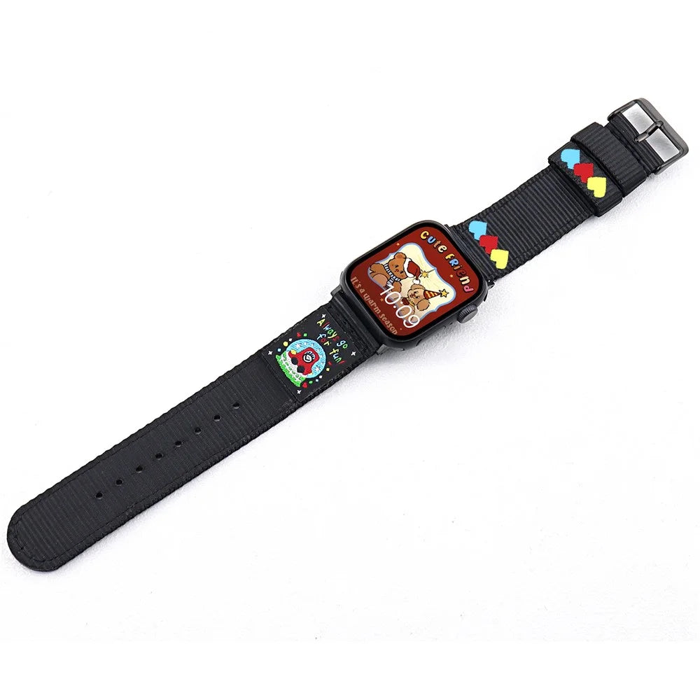 Canvas Watch Band for Apple Watch Series 11 10 42mm / 9 8 7 41mm / SE3 SE2 SE 6 5 4 40mm / 3 2 1 38mm Love Label Wrist Strap - Black - 3