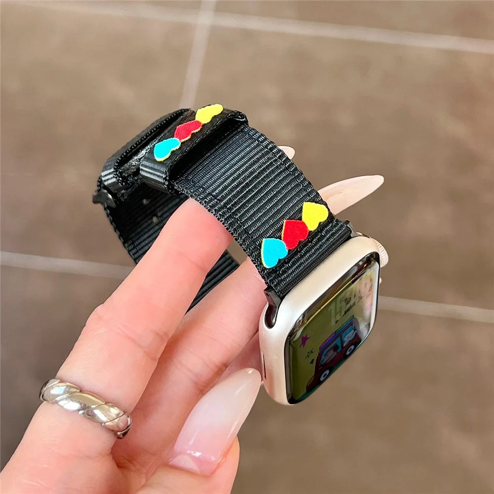 Canvas Watch Band for Apple Watch Series 11 10 42mm / 9 8 7 41mm / SE3 SE2 SE 6 5 4 40mm / 3 2 1 38mm Love Label Wrist Strap - Black - 6