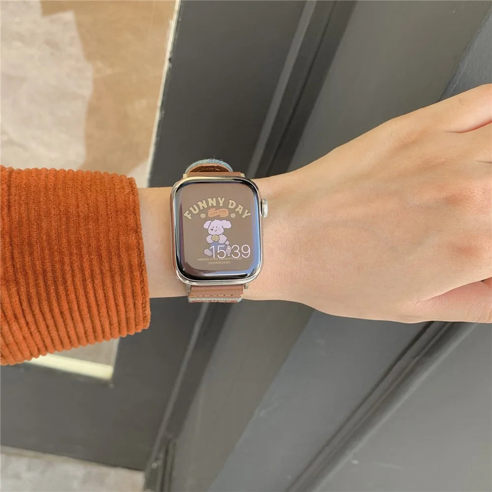 Denim Watch Band for Apple Watch Ultra 3 2 1 49mm / Series 11 10 46mm / 9 8 7 45mm / SE3 SE2 SE 6 5 4 44mm / 3 2 1 42mm Retro Replacement Strap - American Football / White - 4