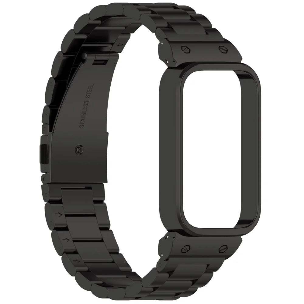 For Xiaomi Smart Band 9 Active / Redmi Band 3 Metal Frame Watch Case Integrated Three Bead Stainless Steel Strap - Black - 3