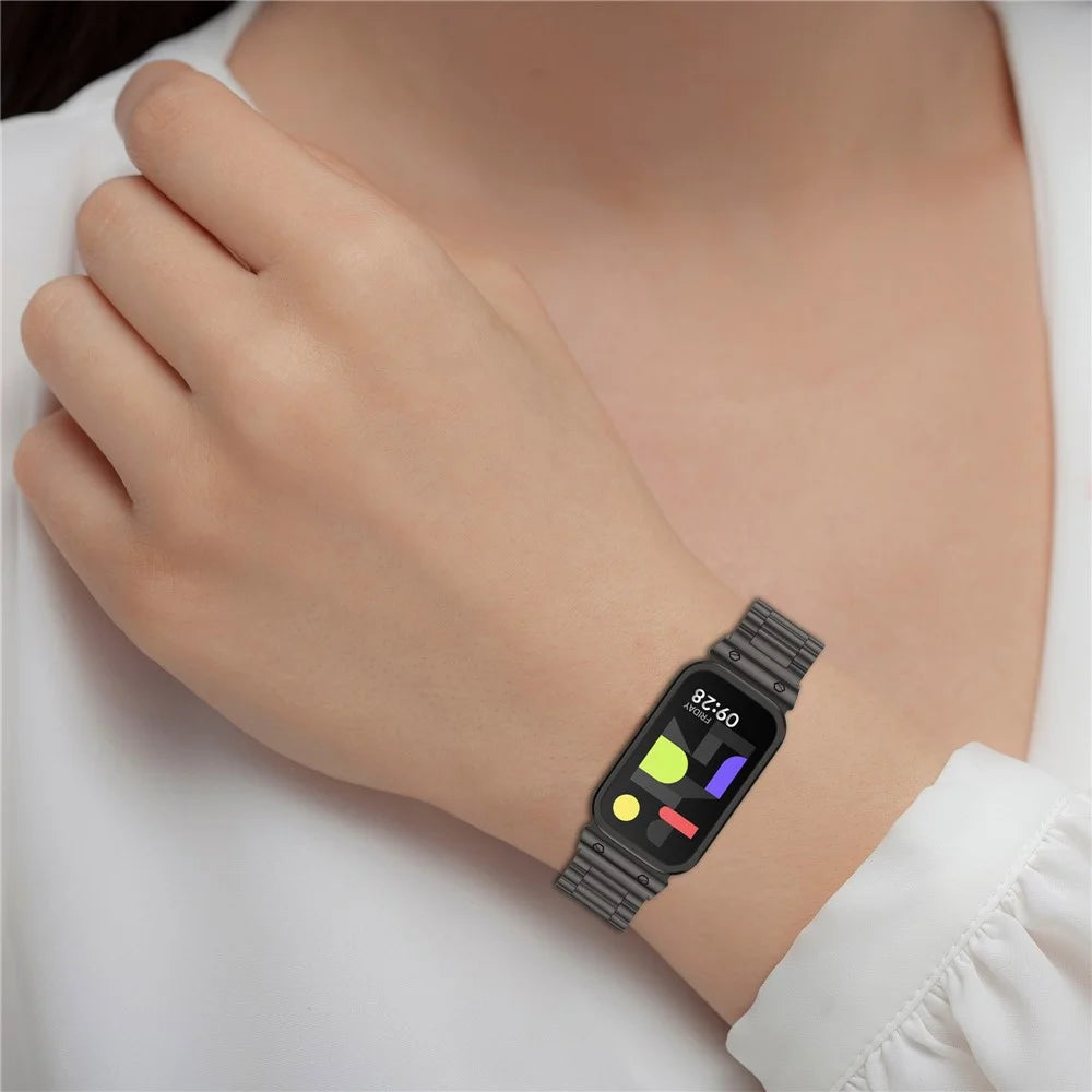 For Xiaomi Smart Band 9 Active / Redmi Band 3 Metal Frame Watch Case Integrated Three Bead Stainless Steel Strap - Black - 6