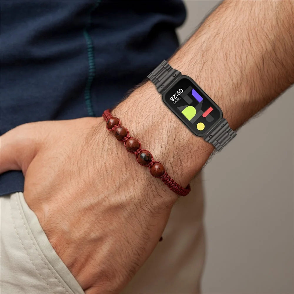 For Xiaomi Smart Band 9 Active / Redmi Band 3 Metal Frame Watch Case Integrated Three Bead Stainless Steel Strap - Black - 7