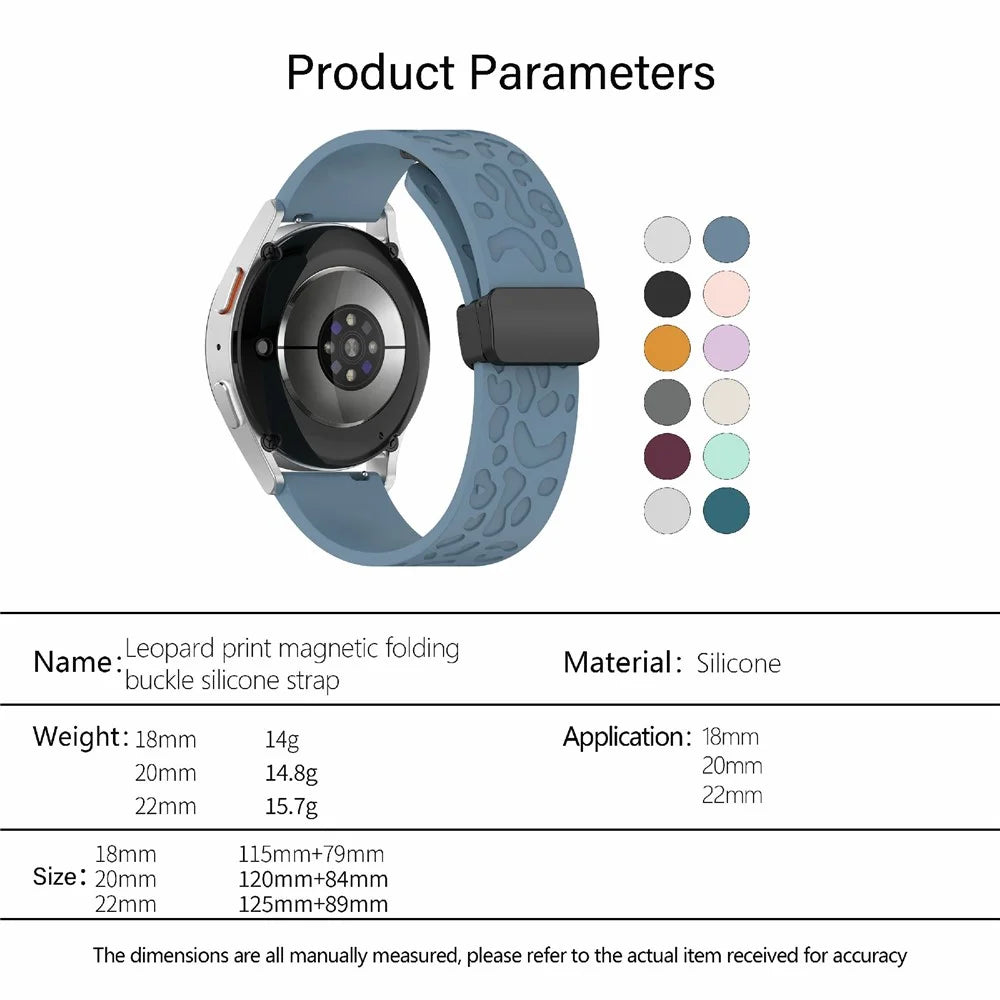 KALEBOL 20mm Magnetic Silicone Strap for Samsung Galaxy Watch6 Classic 47mm / 43mm / Huawei Watch GT 3 Pro 43mm Leopard Print Watch Band - Cyan - 7