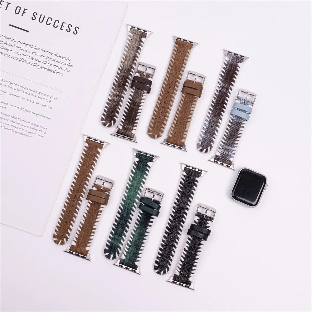 Watch Strap for Apple Watch Series 11 10 42mm / 9 8 7 41mm / SE3 SE2 SE 6 5 4 40mm / 3 2 1 38mm Woolen Fabric Hand-Stitched Band - White+Brown - 4