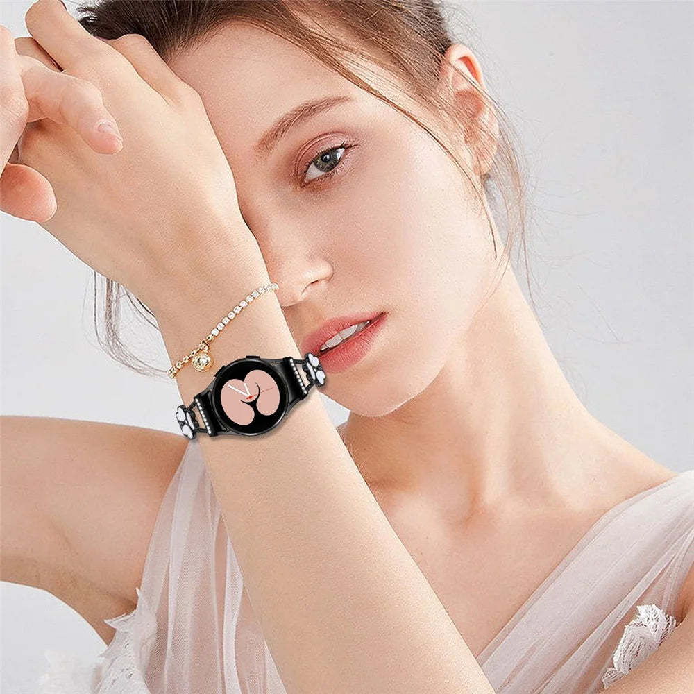 Watch Band with Quick Release Connector for Samsung Galaxy Watch6 40mm 44mm / Watch6 Classic 43mm 47mm Heart Clover Decor Strap - Black - 6