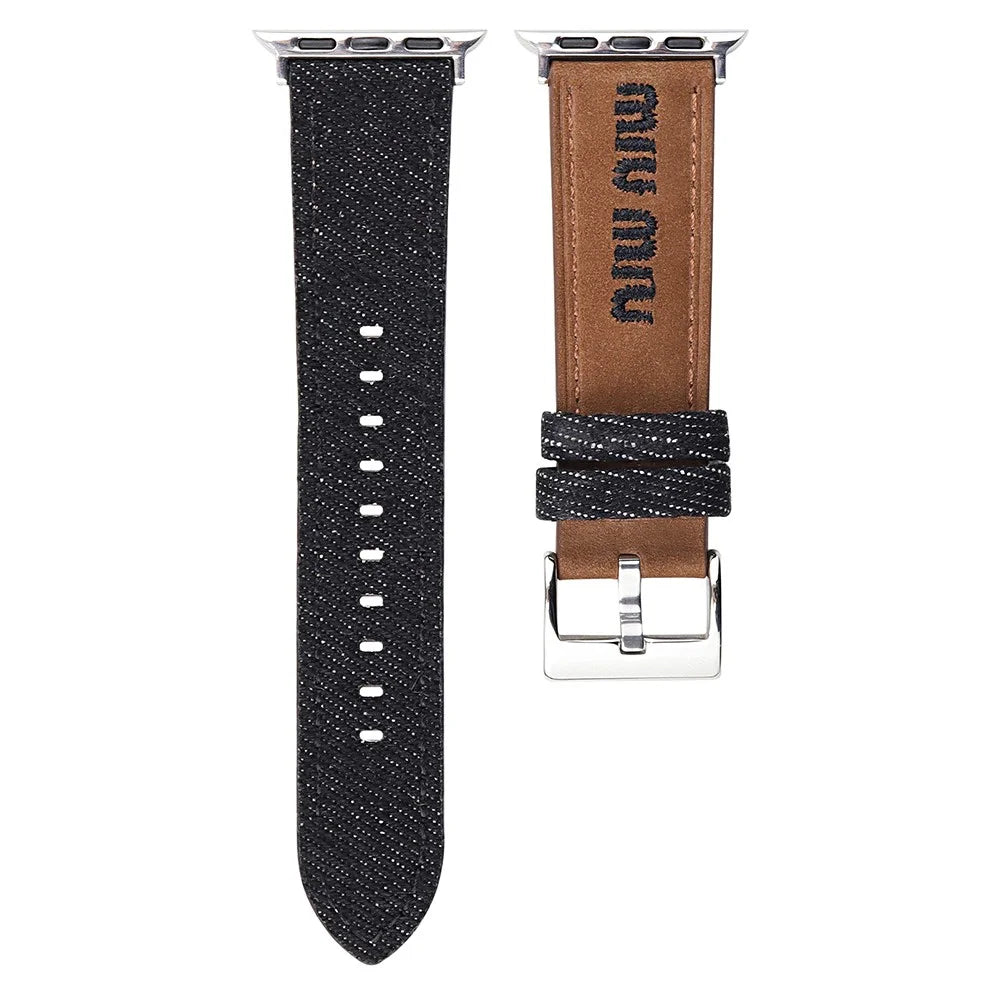 Watch Band For Apple Watch Series 11 10 42mm / 9 8 7 41mm / SE3 SE2 SE 6 5 4 40mm / 3 2 1 38mm Embroidered Denim Leather Strap - Brown / Black - 1