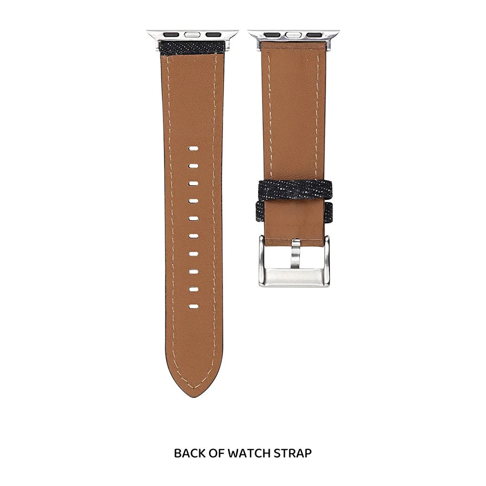 Watch Band For Apple Watch Series 11 10 42mm / 9 8 7 41mm / SE3 SE2 SE 6 5 4 40mm / 3 2 1 38mm Embroidered Denim Leather Strap - Brown / Black - 2