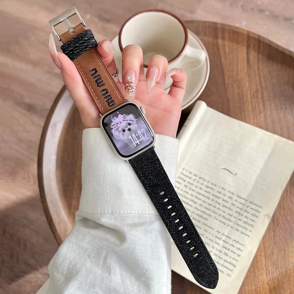 Watch Band For Apple Watch Series 11 10 42mm / 9 8 7 41mm / SE3 SE2 SE 6 5 4 40mm / 3 2 1 38mm Embroidered Denim Leather Strap - Brown / Black - 3