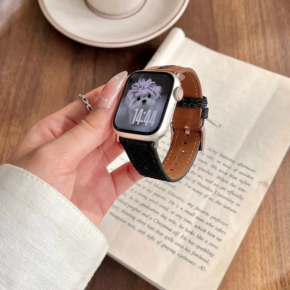 Watch Band For Apple Watch Series 11 10 42mm / 9 8 7 41mm / SE3 SE2 SE 6 5 4 40mm / 3 2 1 38mm Embroidered Denim Leather Strap - Brown / Black - 4