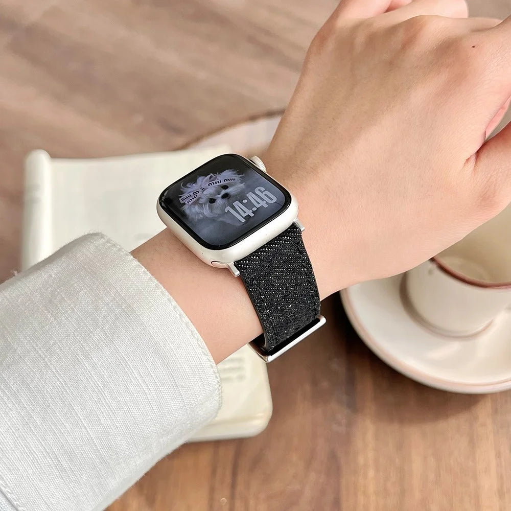 Watch Band For Apple Watch Series 11 10 42mm / 9 8 7 41mm / SE3 SE2 SE 6 5 4 40mm / 3 2 1 38mm Embroidered Denim Leather Strap - Brown / Black - 6