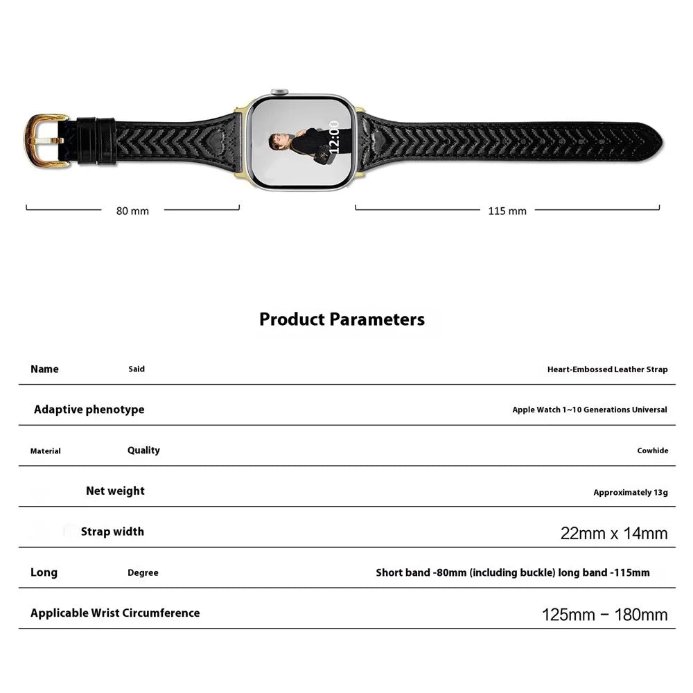 Watch Band For Apple Watch Ultra 3 2 1 49mm / Series 11 10 46mm / 9 8 7 45mm / SE3 SE2 SE 6 5 4 44mm / 3 2 1 42mm Heart Pattern Embossed Genuine Leather Strap - Wine Red - 7