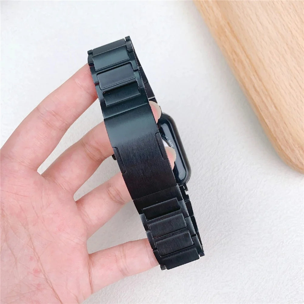 Wrist Strap for Apple Watch Series 11 10 42mm / 9 8 7 41mm / SE3 SE2 SE 6 5 4 40mm / 3 2 1 38mm Three-Bead Stainless Steel Watch Band - Black - 7