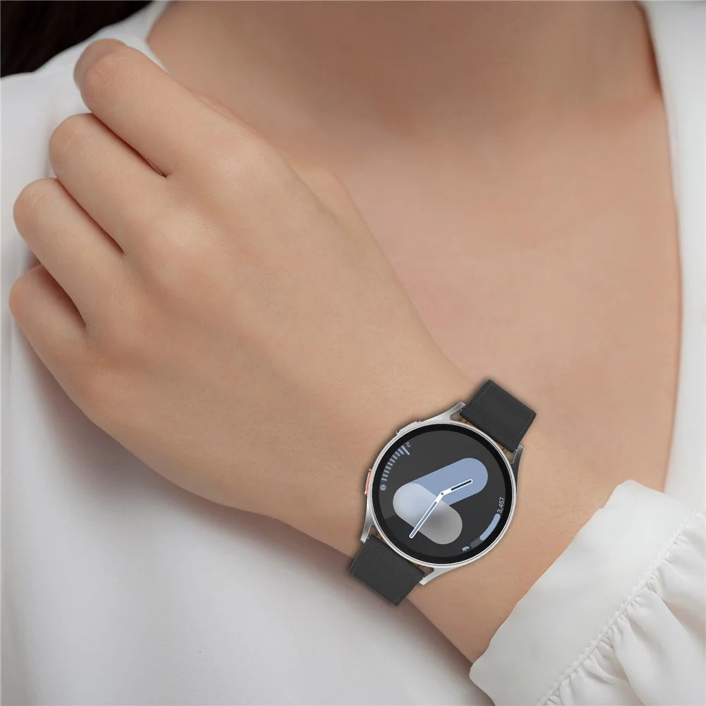 20mm Strap for Samsung Galaxy Watch 7 / 6 / 5 44mm 40mm Universal Genuine Cow Leather Watch Band with Press Button - Black - 7