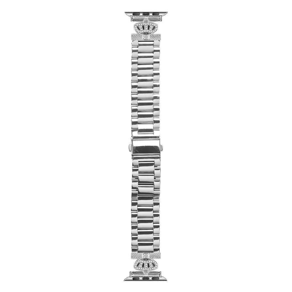 Stainless Steel Strap for Apple Watch Series 11 10 42mm / 9 8 7 41mm / SE3 SE2 SE 6 5 4 40mm / 3 2 1 38mm Crown Shape Rhinestone Decor Silver Watch Band - 2
