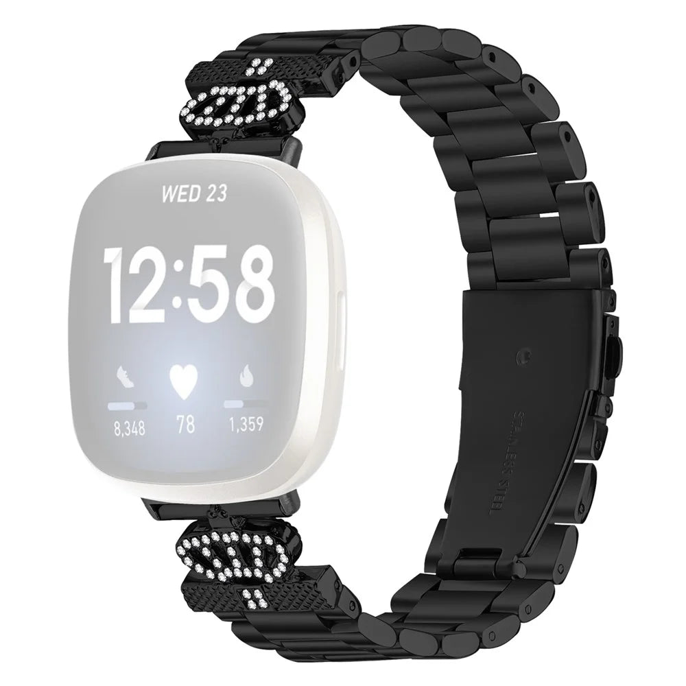 Stainless Steel Strap for Fitbit Versa 3 / Sense Crown Shape Rhinestone Decor Watch Band - Black - 1
