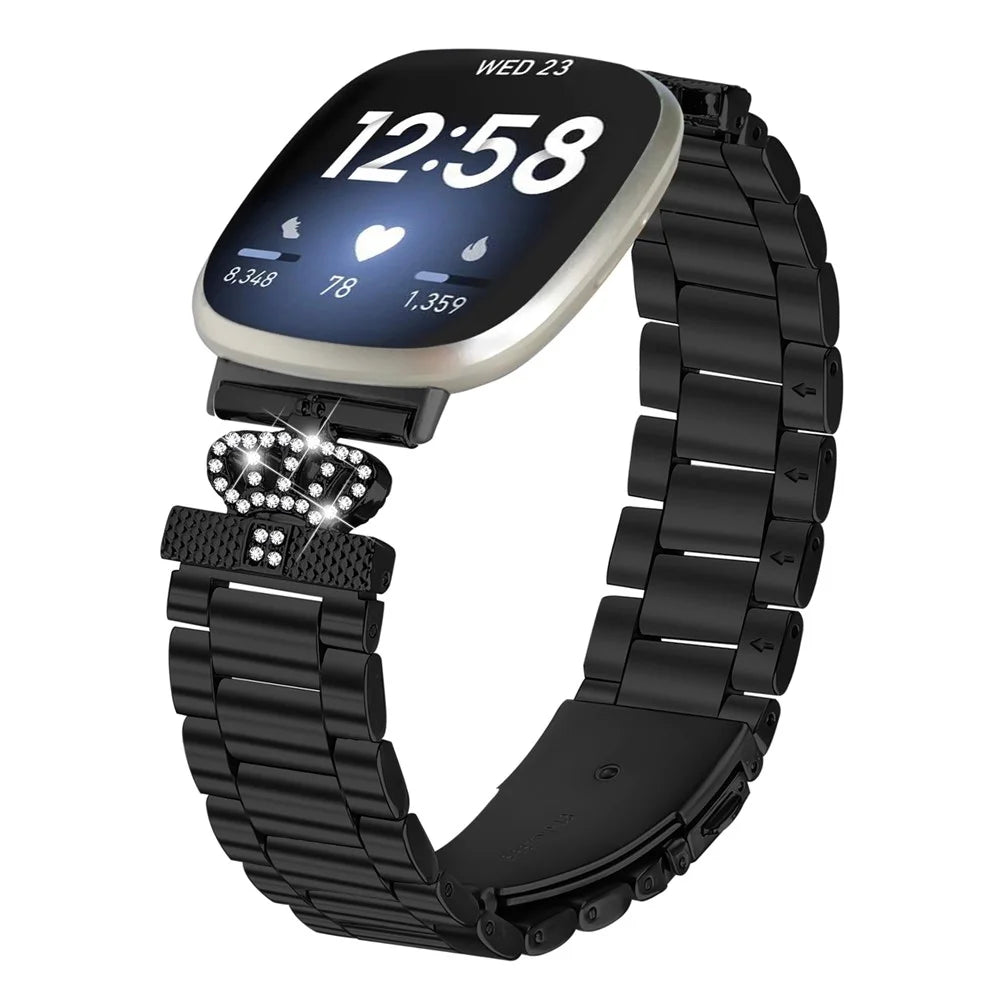 Stainless Steel Strap for Fitbit Versa 3 / Sense Crown Shape Rhinestone Decor Watch Band - Black - 3