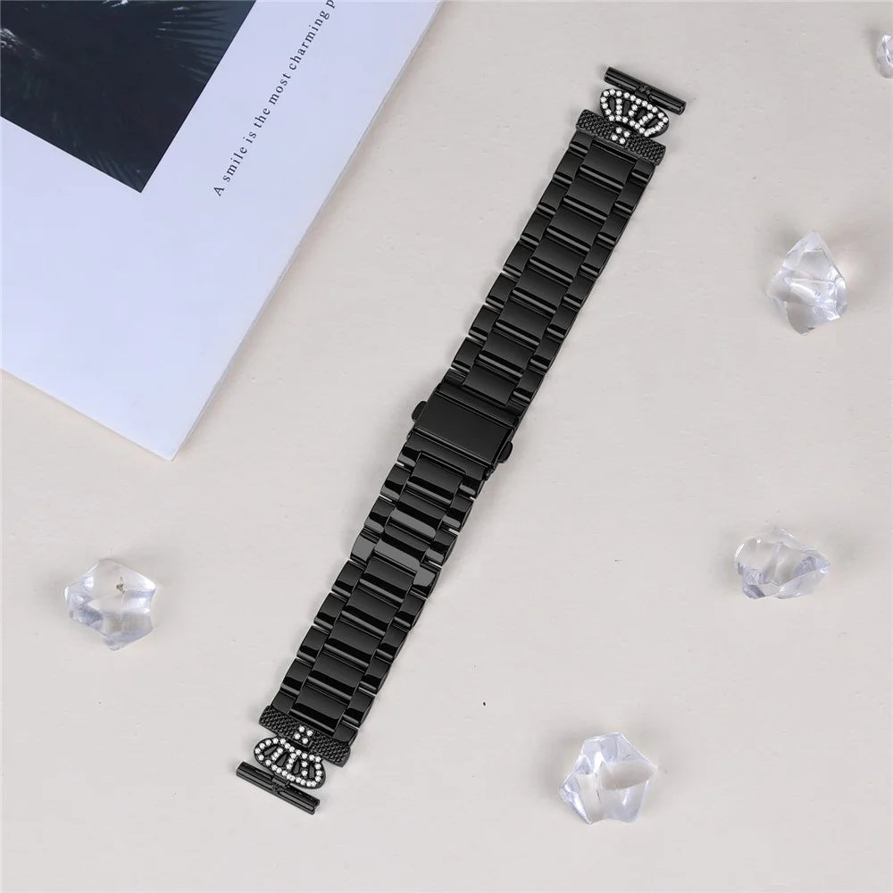 For Coros Apex 42mm Stainless Steel Strap Crown Shape Rhinestone Decor Watch Band - Black - 3
