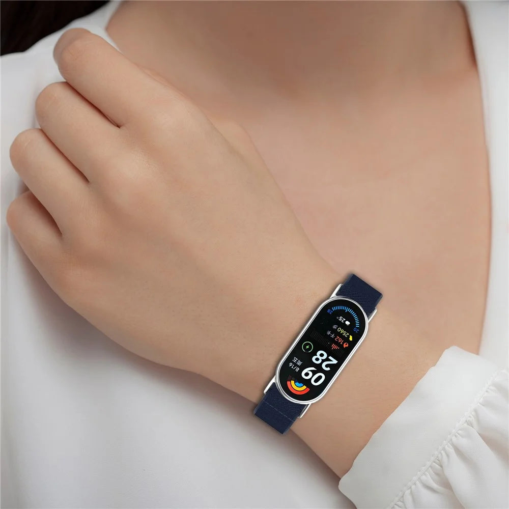 Watch Band for Xiaomi Mi Band 9 Ceramic Edition / Smart Band 9 NFC / 9 / 8 NFC / 8 Nylon Elastic Strap with Stainless Steel Connector - Midnight Blue - 6
