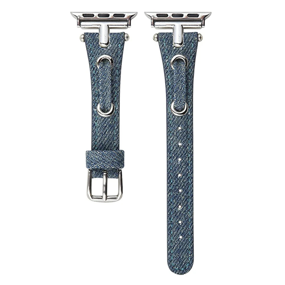 Watch Strap for Apple Watch Ultra 3 2 1 49mm / Series 11 10 46mm / 9 8 7 45mm / SE3 SE2 SE 6 5 4 44mm / 3 2 1 42mm Denim + Leather Adjustable Band - Blue - 1