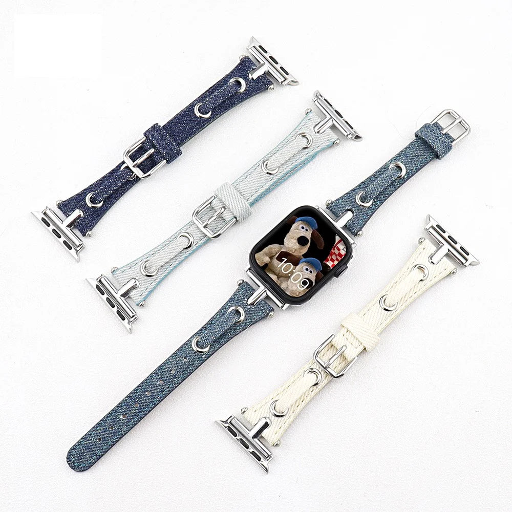Watch Strap for Apple Watch Ultra 3 2 1 49mm / Series 11 10 46mm / 9 8 7 45mm / SE3 SE2 SE 6 5 4 44mm / 3 2 1 42mm Denim + Leather Adjustable Band - Blue - 3