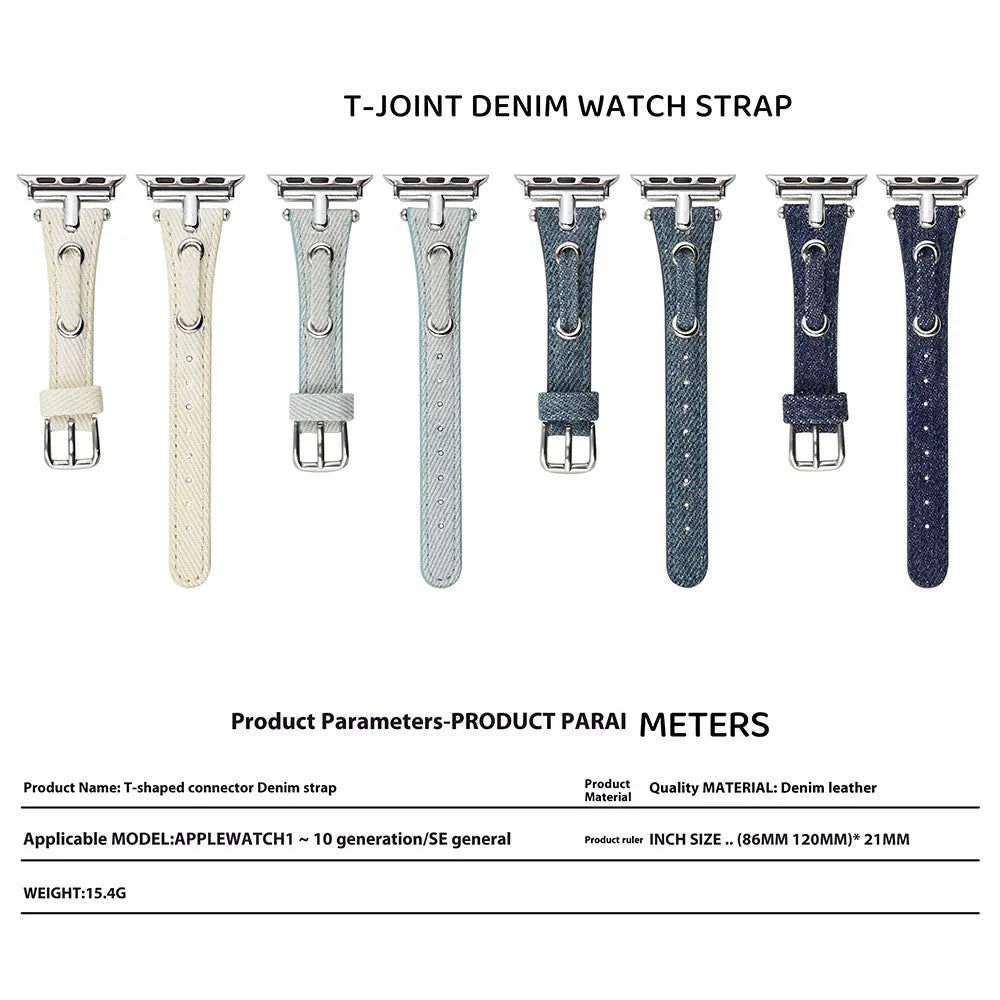 Watch Strap for Apple Watch Ultra 3 2 1 49mm / Series 11 10 46mm / 9 8 7 45mm / SE3 SE2 SE 6 5 4 44mm / 3 2 1 42mm Denim + Leather Adjustable Band - Blue - 4