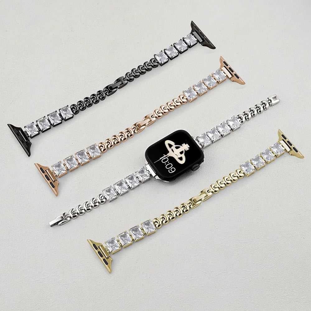 Copper Chain Strap for Apple Watch Ultra 3 2 1 49mm / Series 11 10 46mm / 9 8 7 45mm / SE3 SE2 SE 6 5 4 44mm / 3 2 1 42mm Square Rhinestone Watch Band - Silver - 3