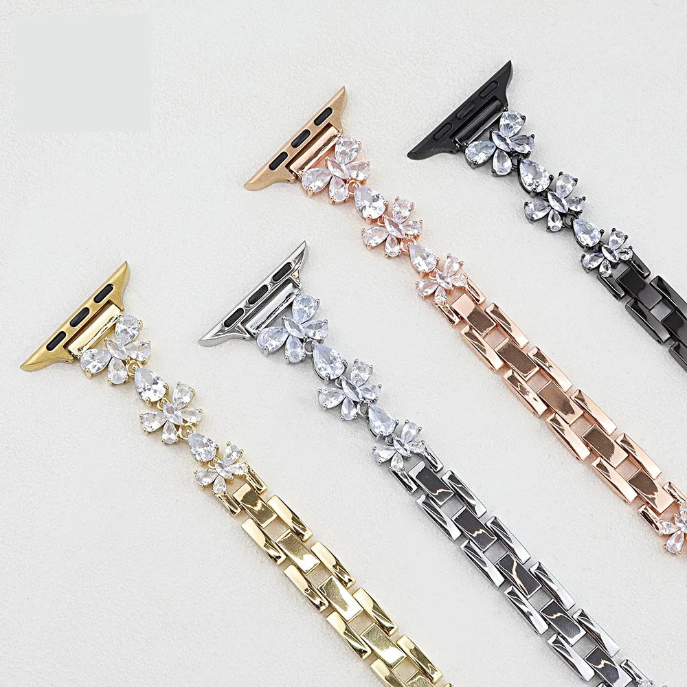 Copper Chain Strap for Apple Watch Series 11 10 42mm / 9 8 7 41mm / SE3 SE2 SE 6 5 4 40mm / 3 2 1 38mm Butterfly Zircon Decor Watch Band - Gold - 3