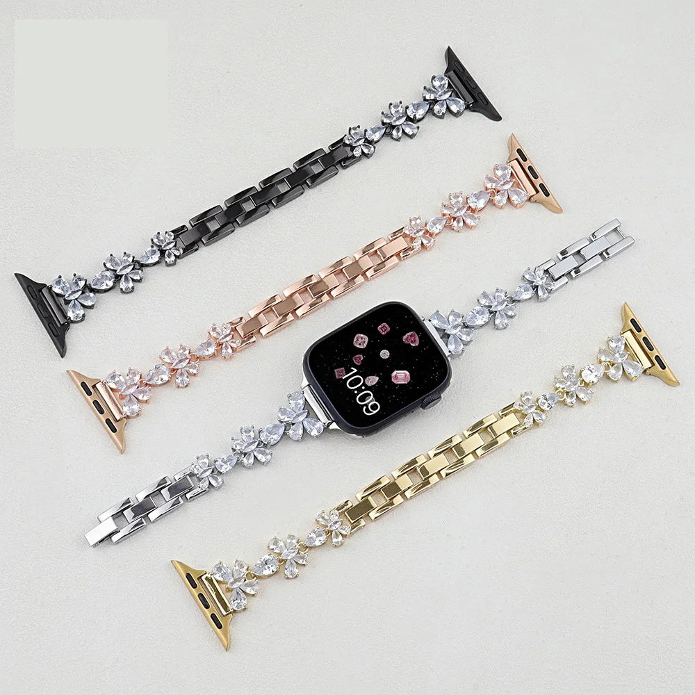 Copper Chain Strap for Apple Watch Series 11 10 42mm / 9 8 7 41mm / SE3 SE2 SE 6 5 4 40mm / 3 2 1 38mm Butterfly Zircon Decor Watch Band - Gold - 4