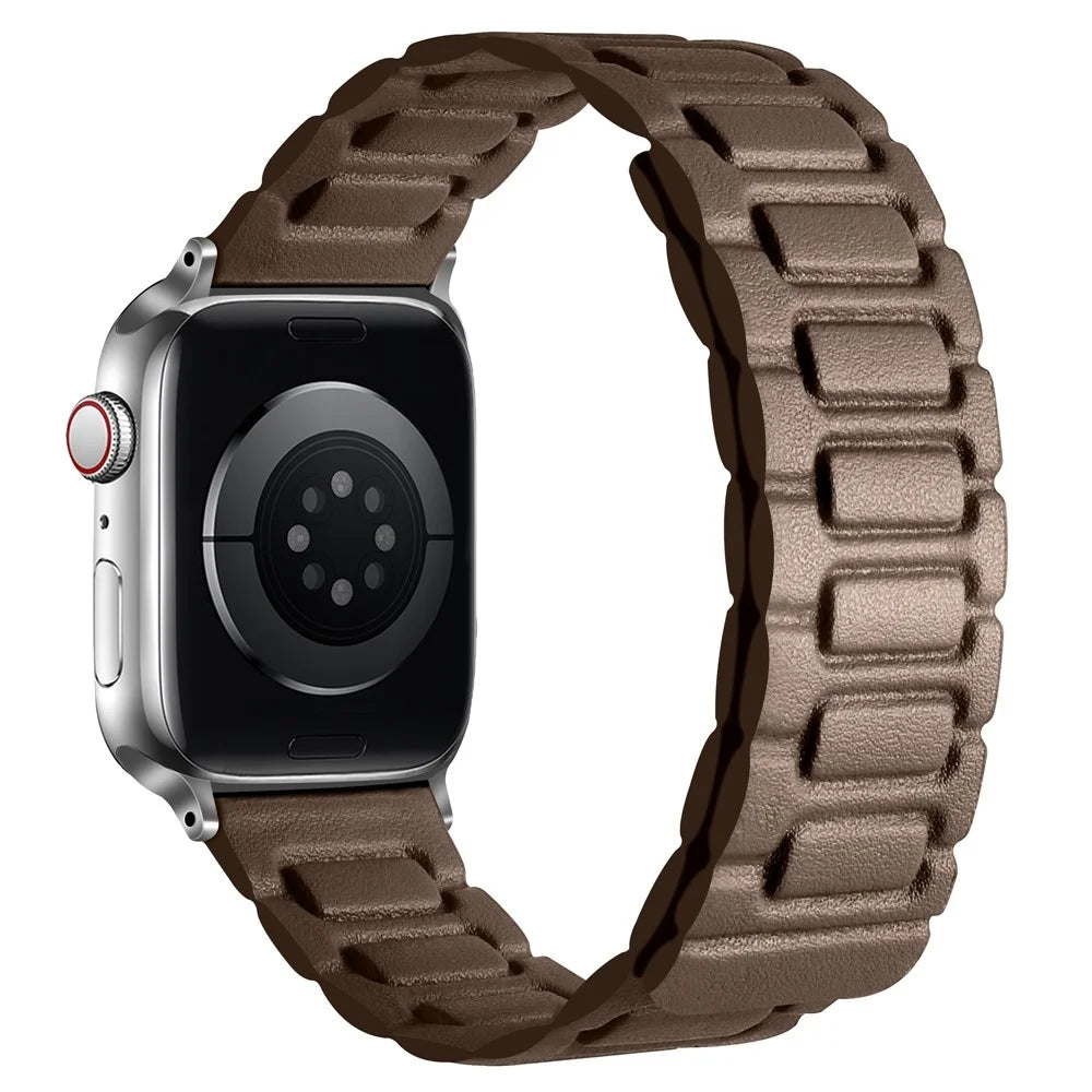 Watch Band For Apple Watch Series 11 10 42mm / 9 8 7 41mm / SE3 SE2 SE 6 5 4 40mm / 3 2 1 38mm 3-Bead Magnetic Leather Strap - Dark Brown - 1