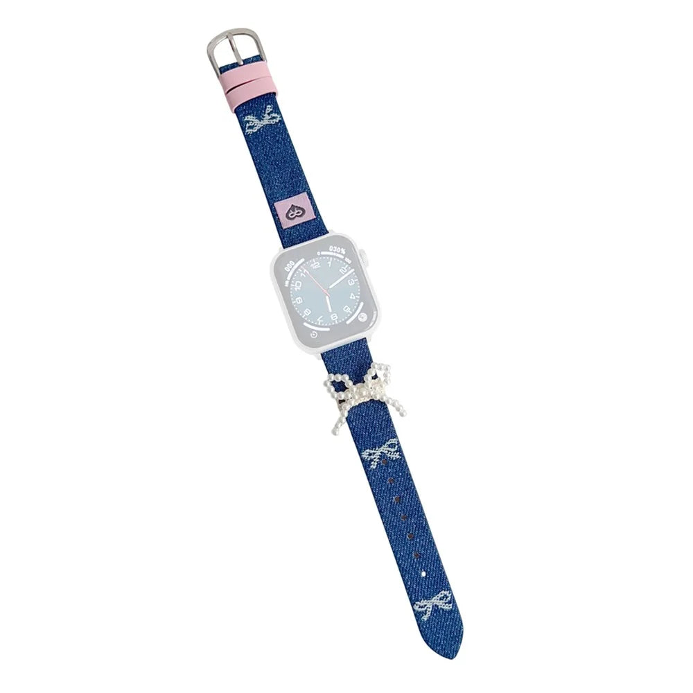 Wrist Strap for Apple Watch Ultra 3 2 1 49mm / Series 11 10 46mm / 9 8 7 45mm / SE3 SE2 SE 6 5 4 44mm / 3 2 1 42mm Pearl Bowknot Denim Leather Watch Band - Bowknot - 1