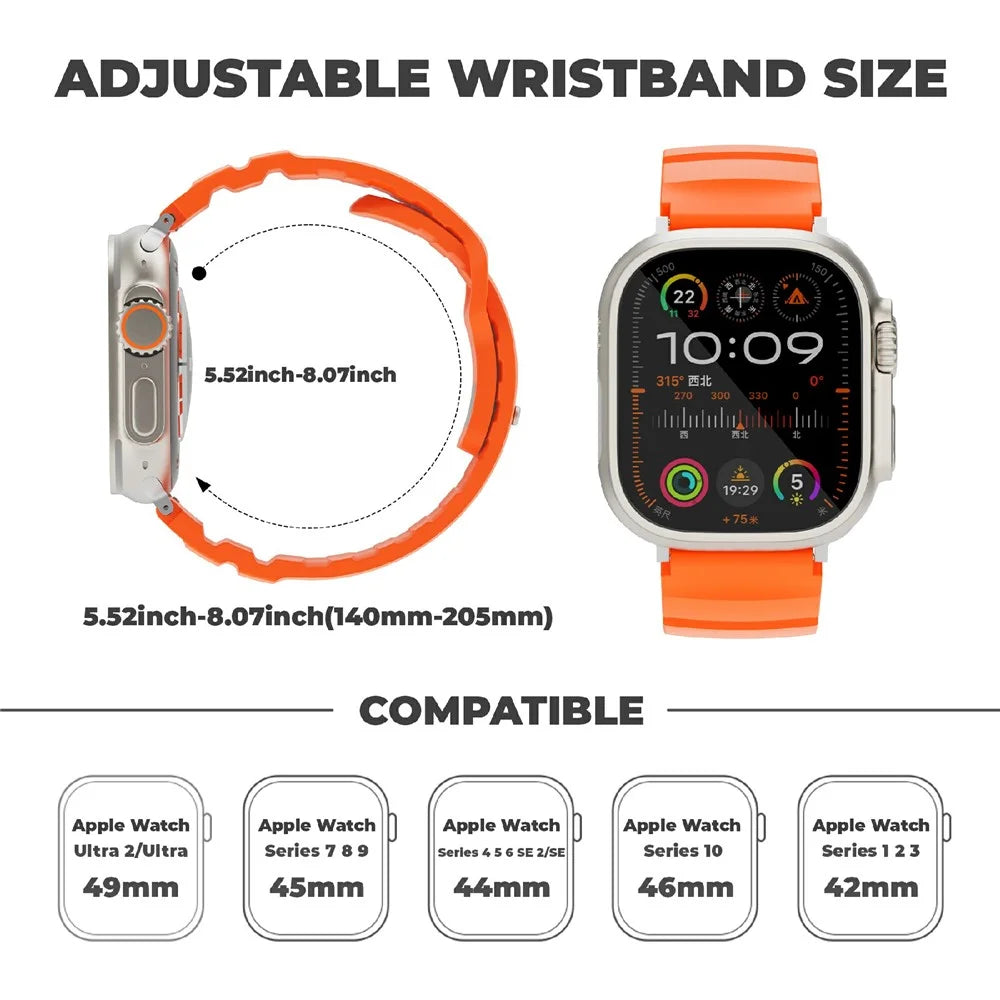 Fluorubber Strap for Apple Watch Ultra 3 2 1 49mm / Series 11 10 46mm / 9 8 7 45mm / SE3 SE2 SE 6 5 4 44mm / 3 2 1 42mm Adjustable Watch Band - Orange - 7