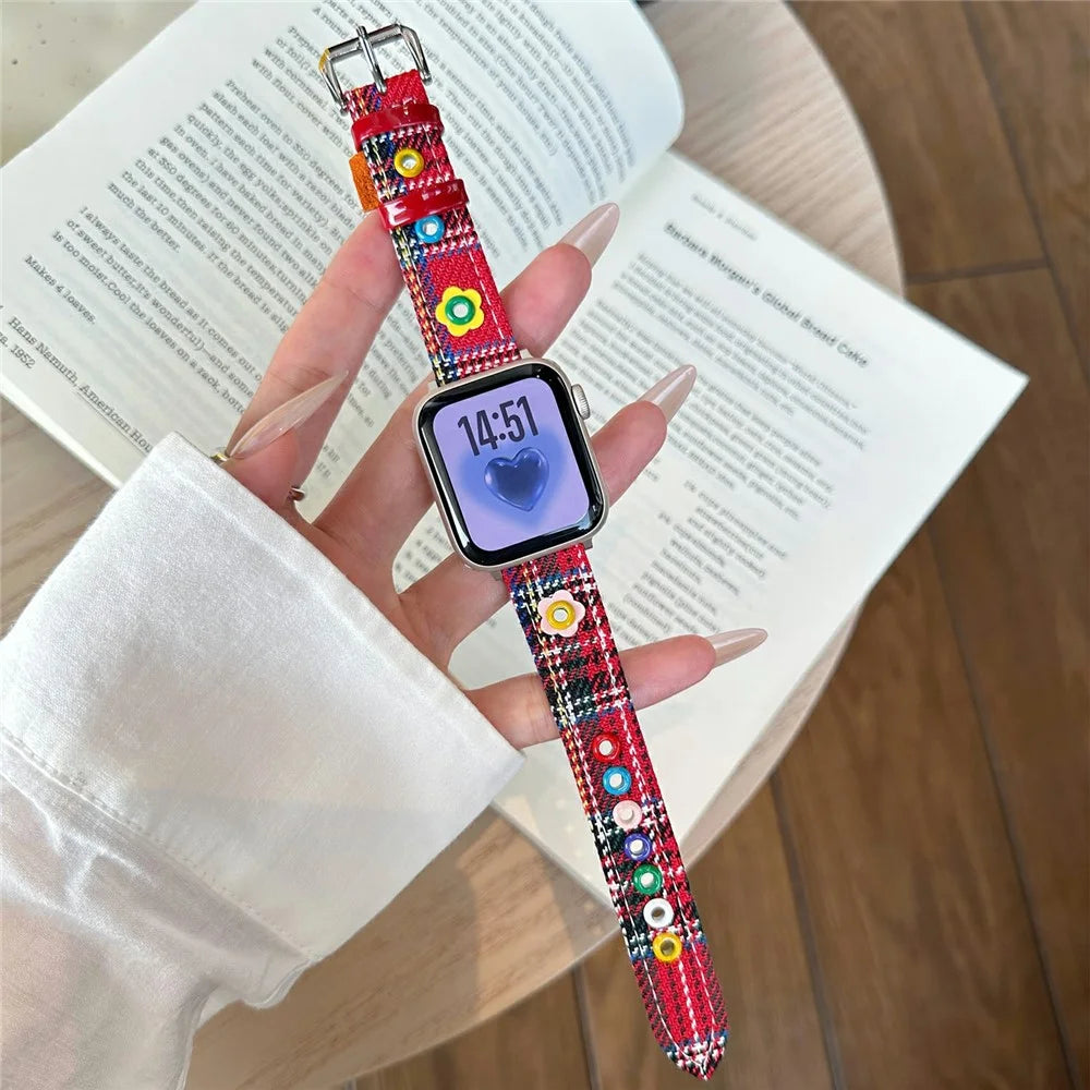 Denim Watch Band for Apple Watch Series 11 10 42mm / 9 8 7 41mm / SE3 SE2 SE 6 5 4 40mm / 3 2 1 38mm Dopamine Flower Strap - Red Plaid - 2
