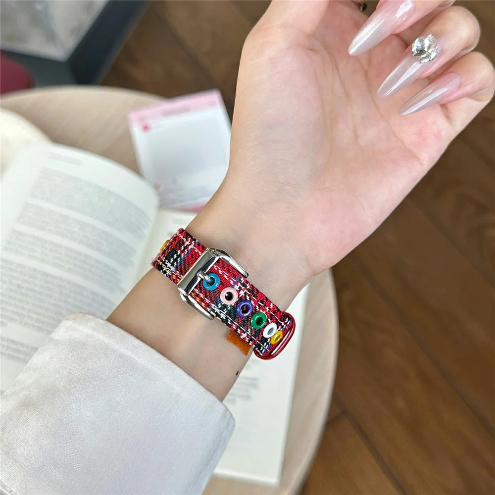 Denim Watch Band for Apple Watch Series 11 10 42mm / 9 8 7 41mm / SE3 SE2 SE 6 5 4 40mm / 3 2 1 38mm Dopamine Flower Strap - Red Plaid - 3