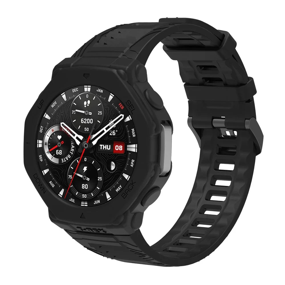 For Huami Amazfit T-Rex 3 Silicone Replacement Strap Watch Band with Protective Case - Black - 4