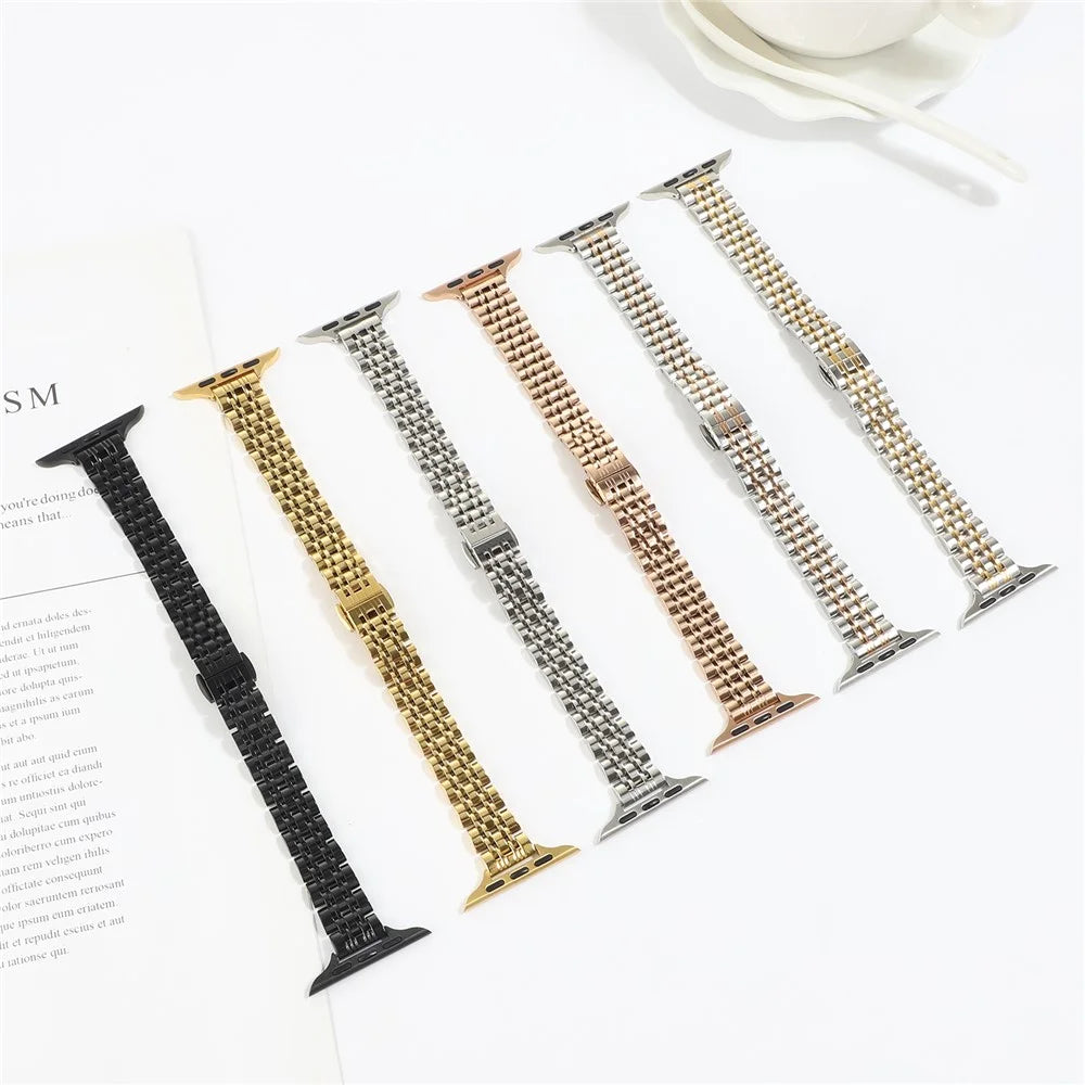 Smart Watch Strap for Apple Watch Series 10 9 8 7 SE 6 5 4 3 2 1 42mm 41mm 40mm 38mm 7-Bead Stainless Steel Band - Rose Gold - 4