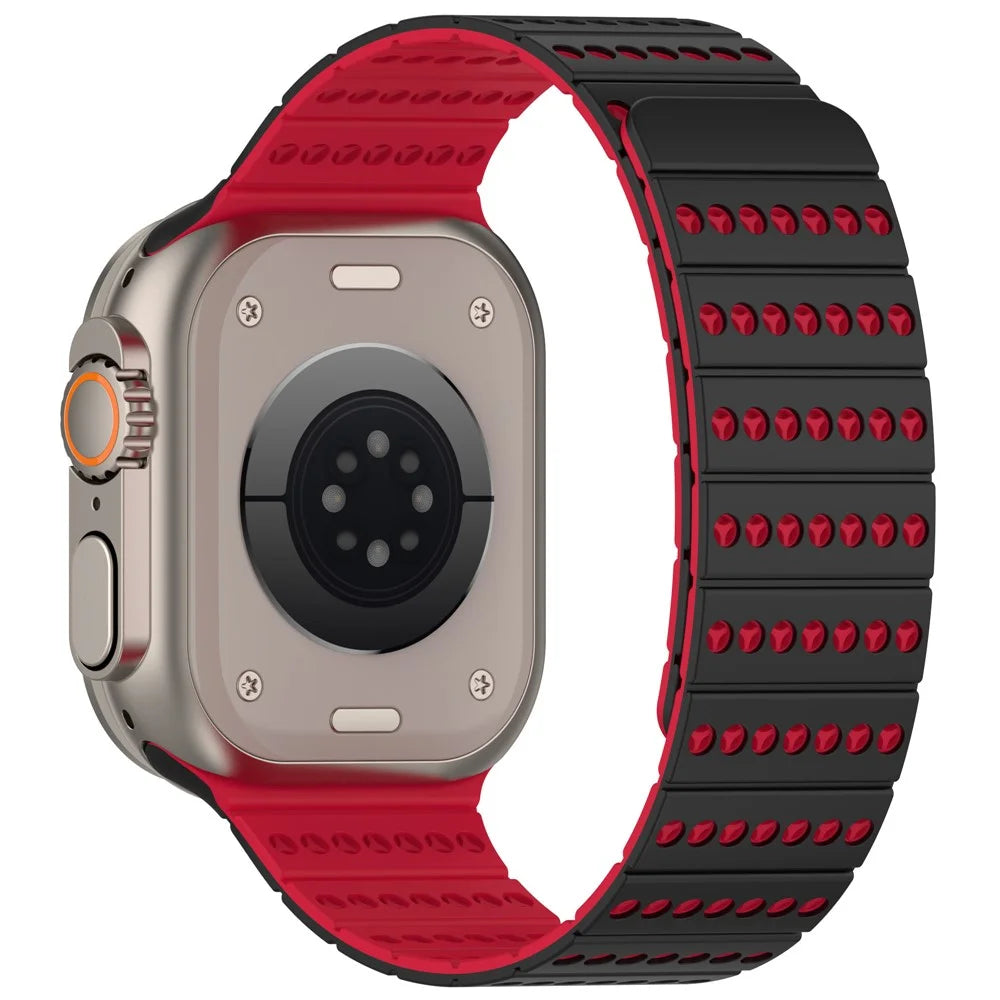 Silicone Strap for Apple Watch Ultra 3 2 1 49mm / Series 11 10 46mm / 9 8 7 45mm / SE3 SE2 SE 6 5 4 44mm / 3 2 1 42mm Magnetic Adjustable Watch Band - Black+Red - 2