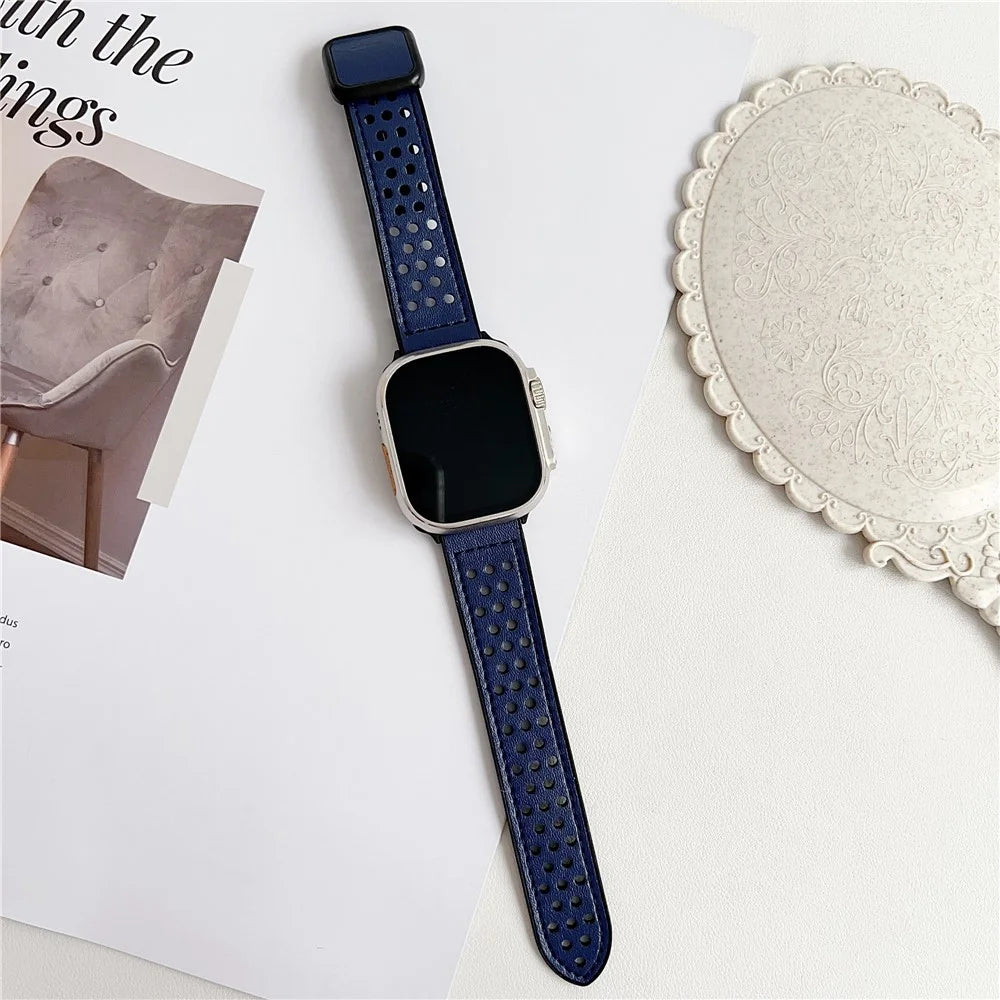 Watch Band For Apple Watch Series 11 10 42mm / 9 8 7 41mm / SE3 SE2 SE 6 5 4 40mm / 3 2 1 38mm Square Magnetic Buckle Perforated Silicone Strap - Midnight Blue - 2