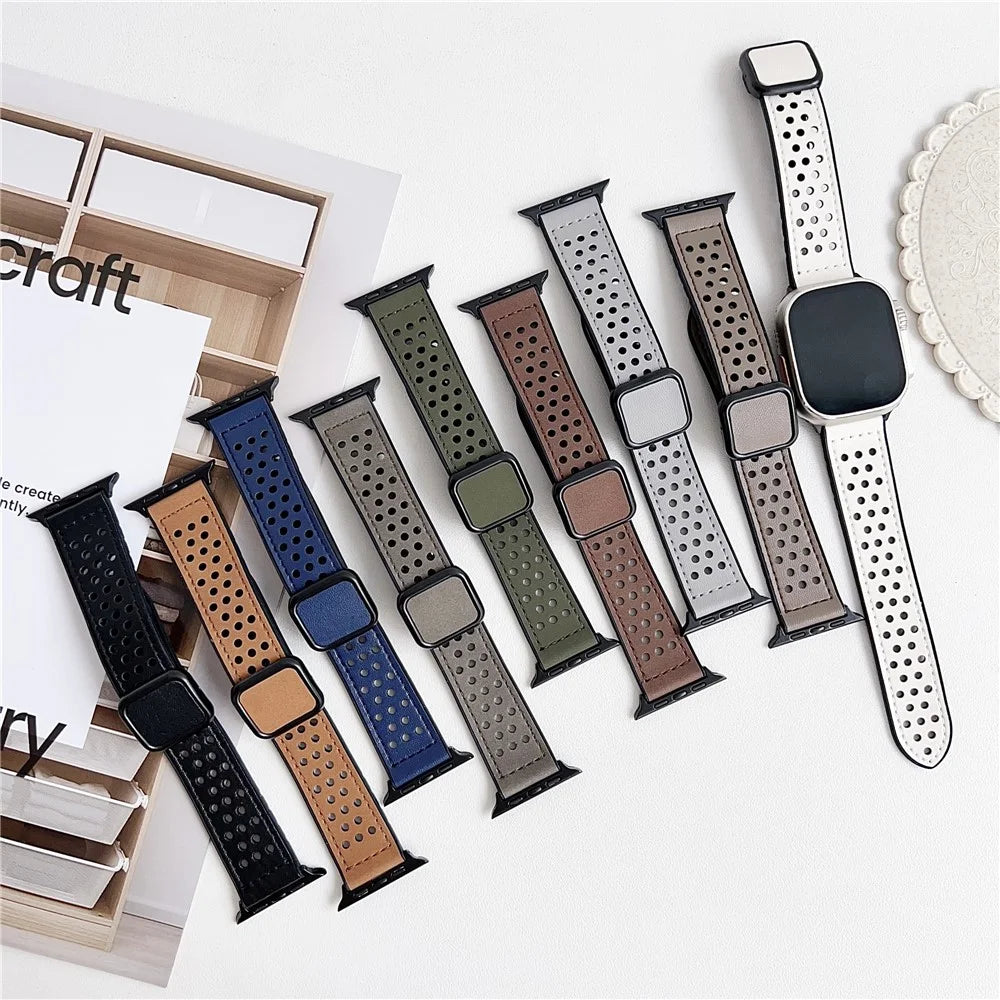 Watch Band For Apple Watch Series 11 10 42mm / 9 8 7 41mm / SE3 SE2 SE 6 5 4 40mm / 3 2 1 38mm Square Magnetic Buckle Perforated Silicone Strap - Midnight Blue - 5