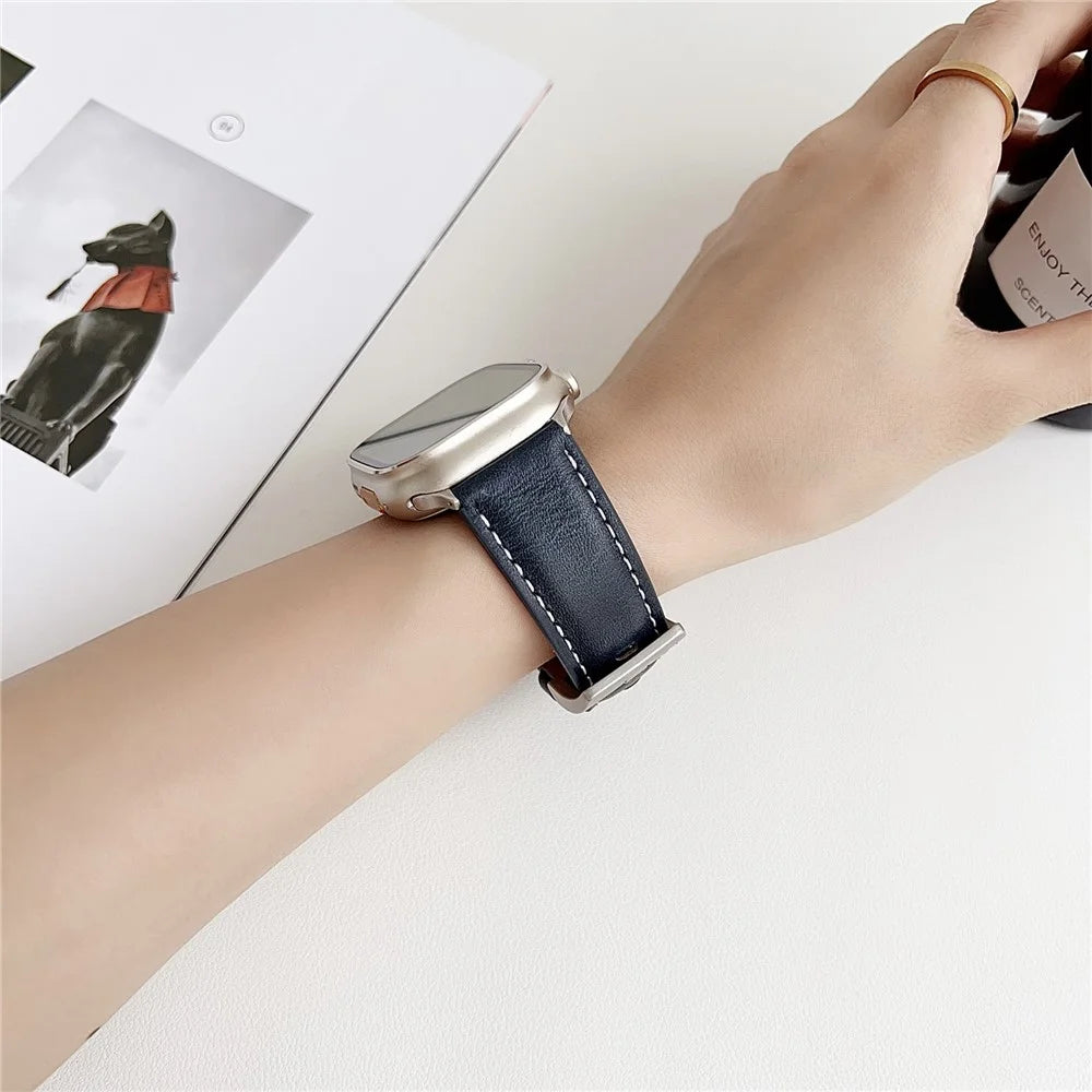 Genuine Leather Watchband For Apple Watch Ultra 3 2 1 49mm / Series 11 10 46mm / 9 8 7 45mm / SE3 SE2 SE 6 5 4 44mm / 3 2 1 42mm Wrist Strap Replacement - Light Brown - 4