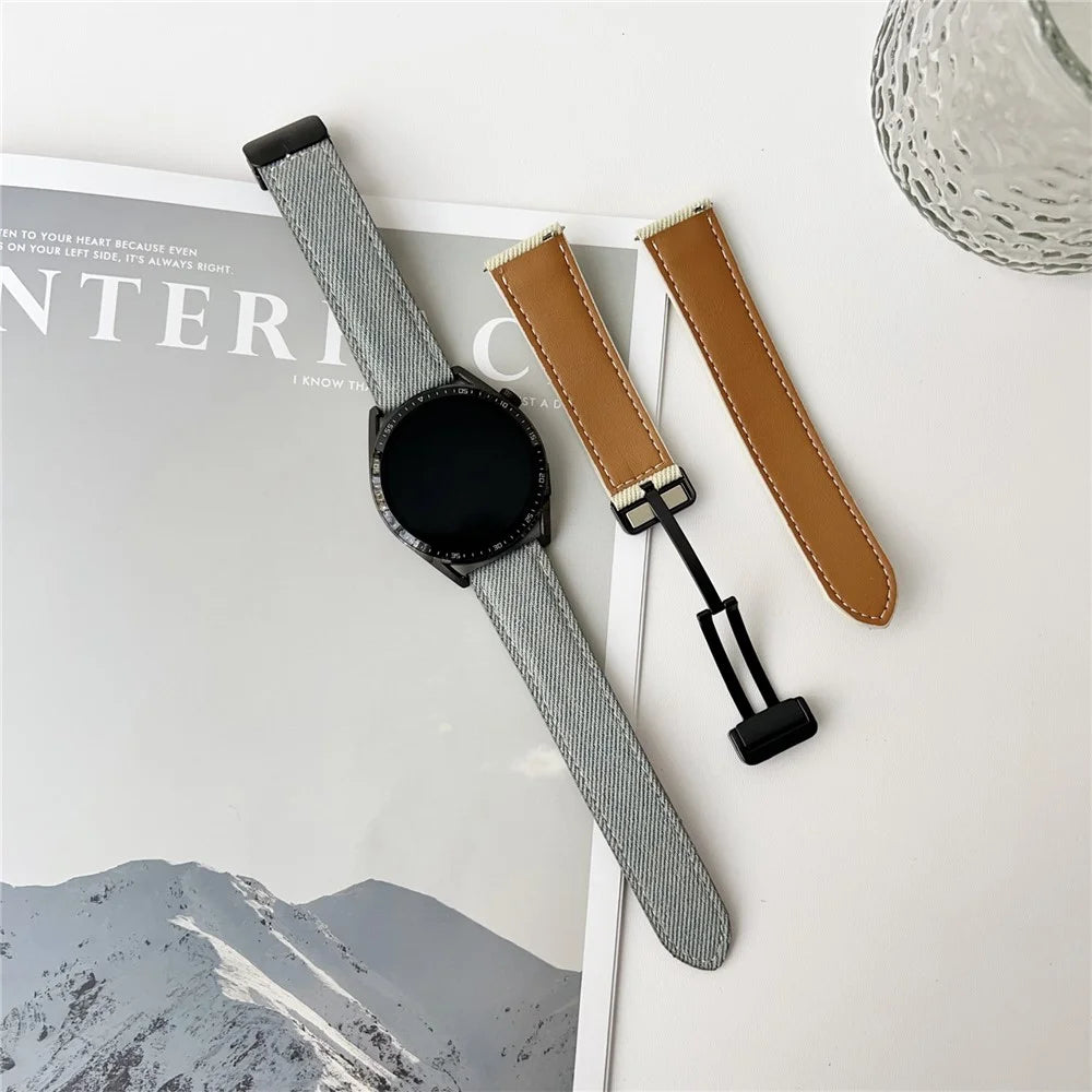 22mm Universal Watch Band For Huawei Watch GT 5 46mm Magnetic Buckle Leather Nylon Wrist Strap - Coffee - 2