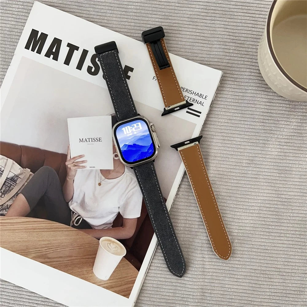 Watch Band For Apple Watch Series 11 10 42mm / 9 8 7 41mm / SE3 SE2 SE 6 5 4 40mm / 3 2 1 38mm Magnetic Buckle Leather Nylon Wrist Strap - Coffee - 2