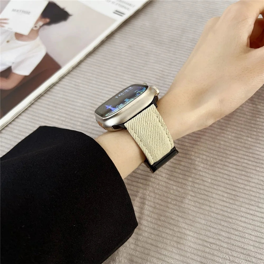 Watch Band For Apple Watch Series 11 10 42mm / 9 8 7 41mm / SE3 SE2 SE 6 5 4 40mm / 3 2 1 38mm Magnetic Buckle Leather Nylon Wrist Strap - Coffee - 5